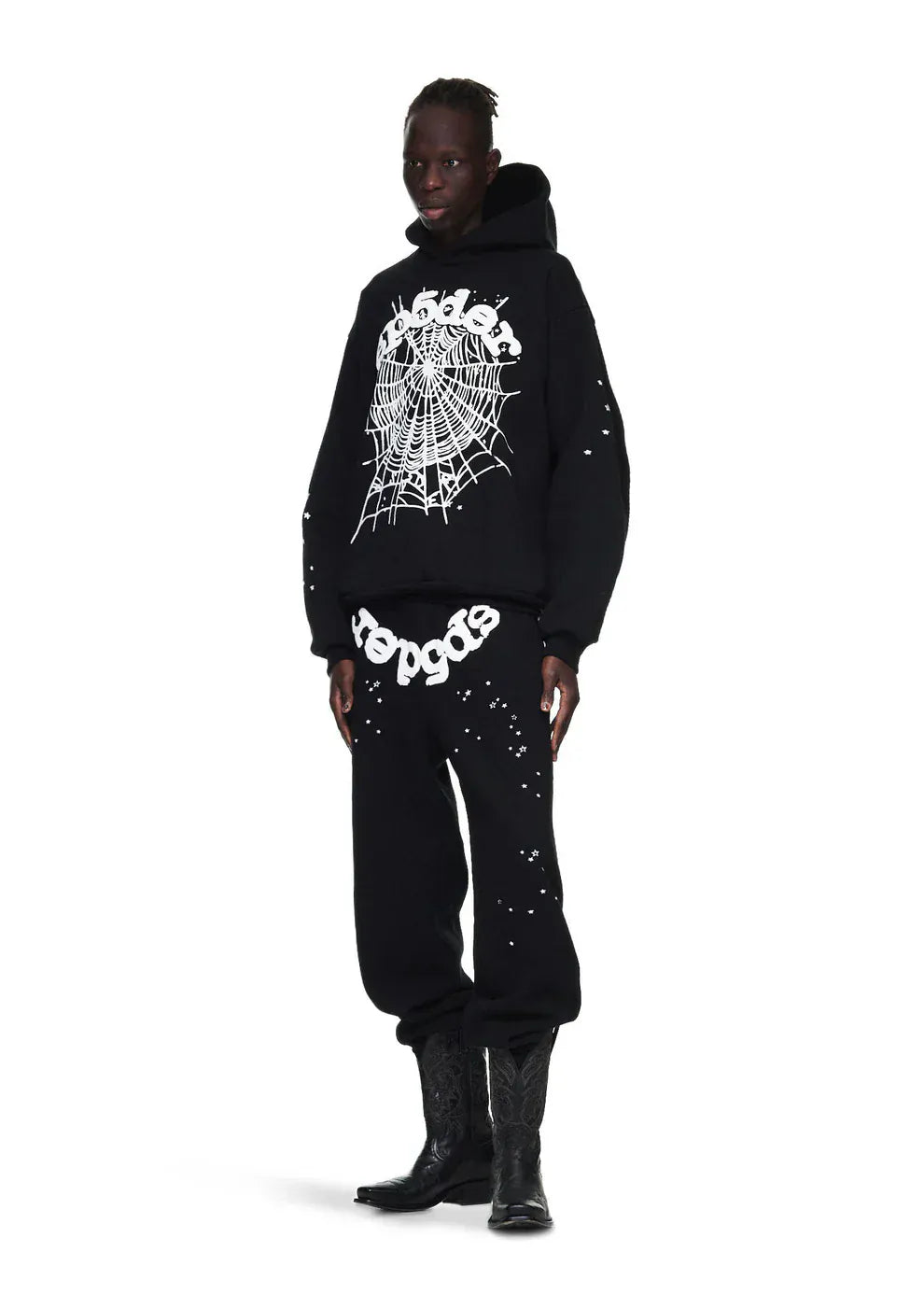 Sp5der Sweatpants – Unisex Black Cotton Sweatpants with Front Logo and Star Print