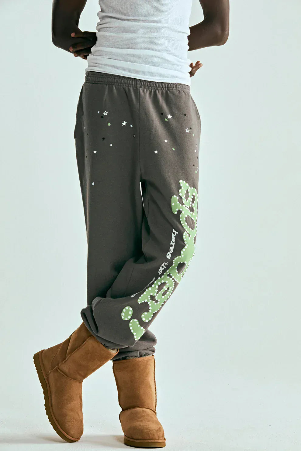 Sp5der Sweatpants – Unisex Dark Grey Cotton Sweatpants with Green Side Logo and Star Print
