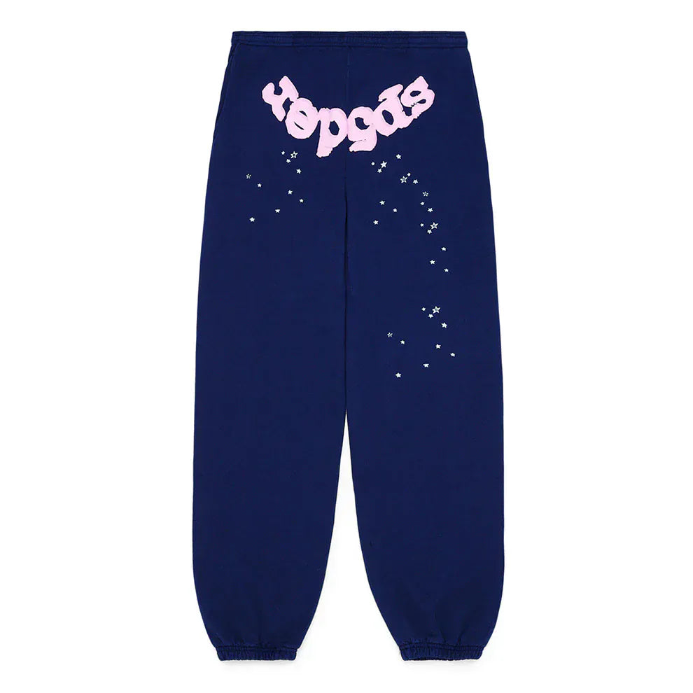 Sp5der Sweatpants – Unisex Navy Blue Cotton Sweatpants with Pink Front Logo and Star Print