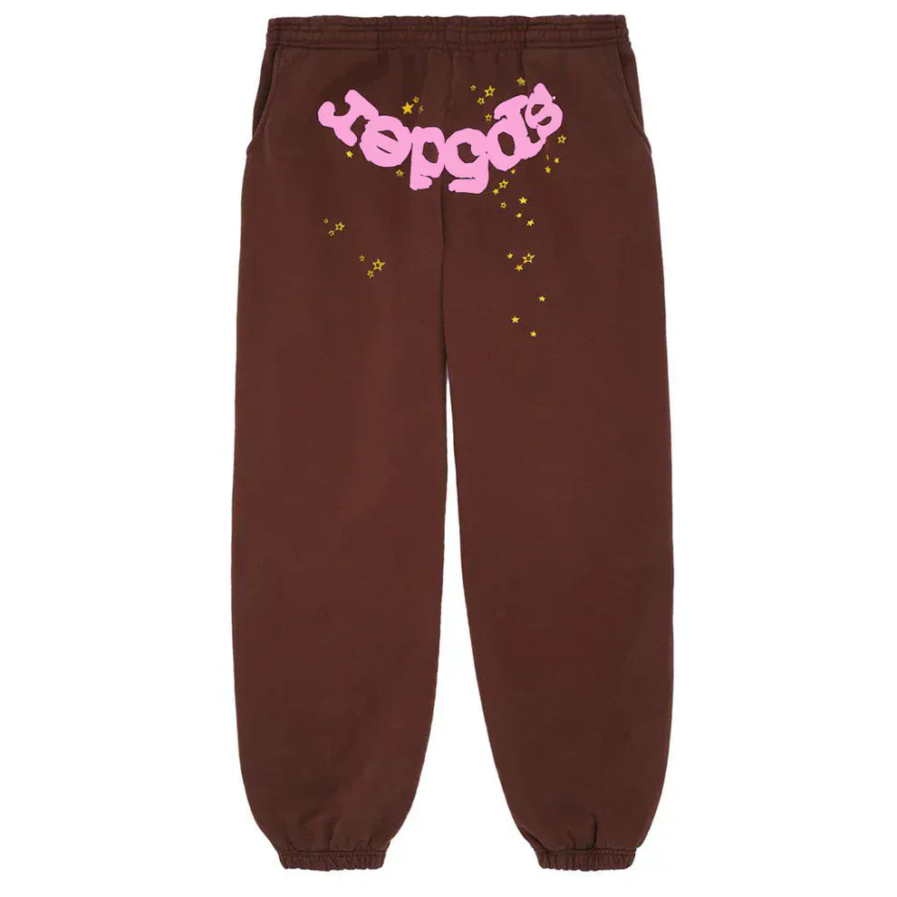 Sp5der Sweatpants – Unisex Brown Cotton Sweatpants with Pink Front Logo and Star Print