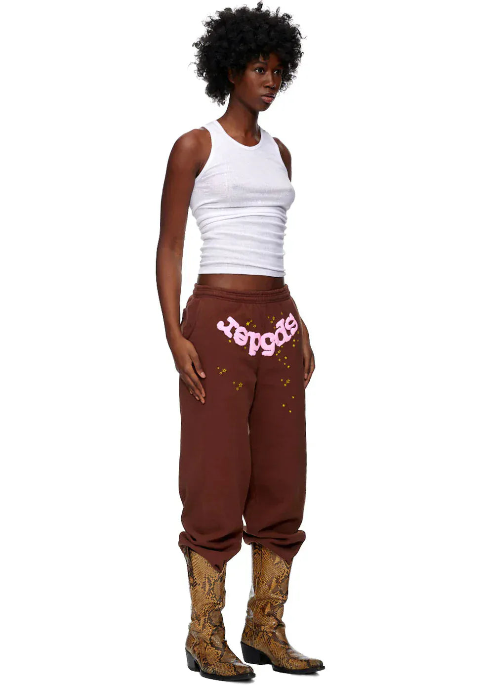 Sp5der Sweatpants – Unisex Brown Cotton Sweatpants with Pink Front Logo and Star Print