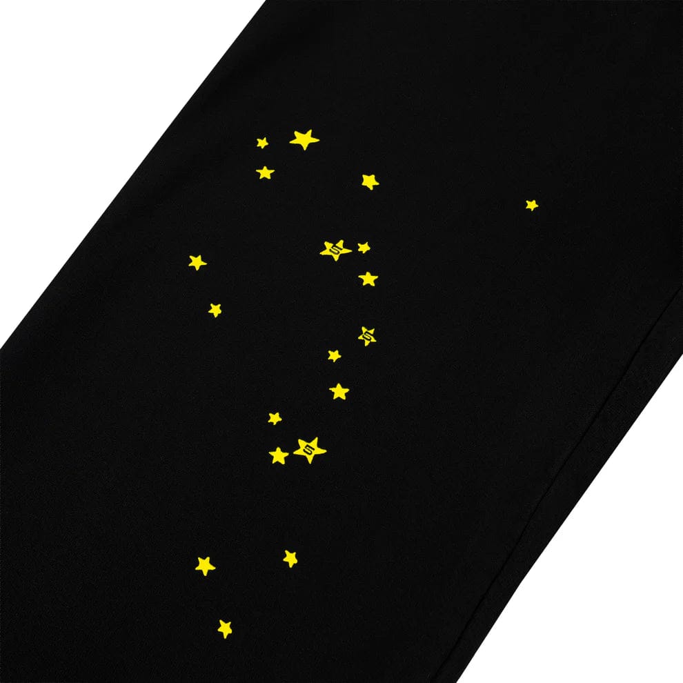 Sp5der Sweatpants – Unisex Black Cotton Sweatpants with Flame Side Logo and Star Print