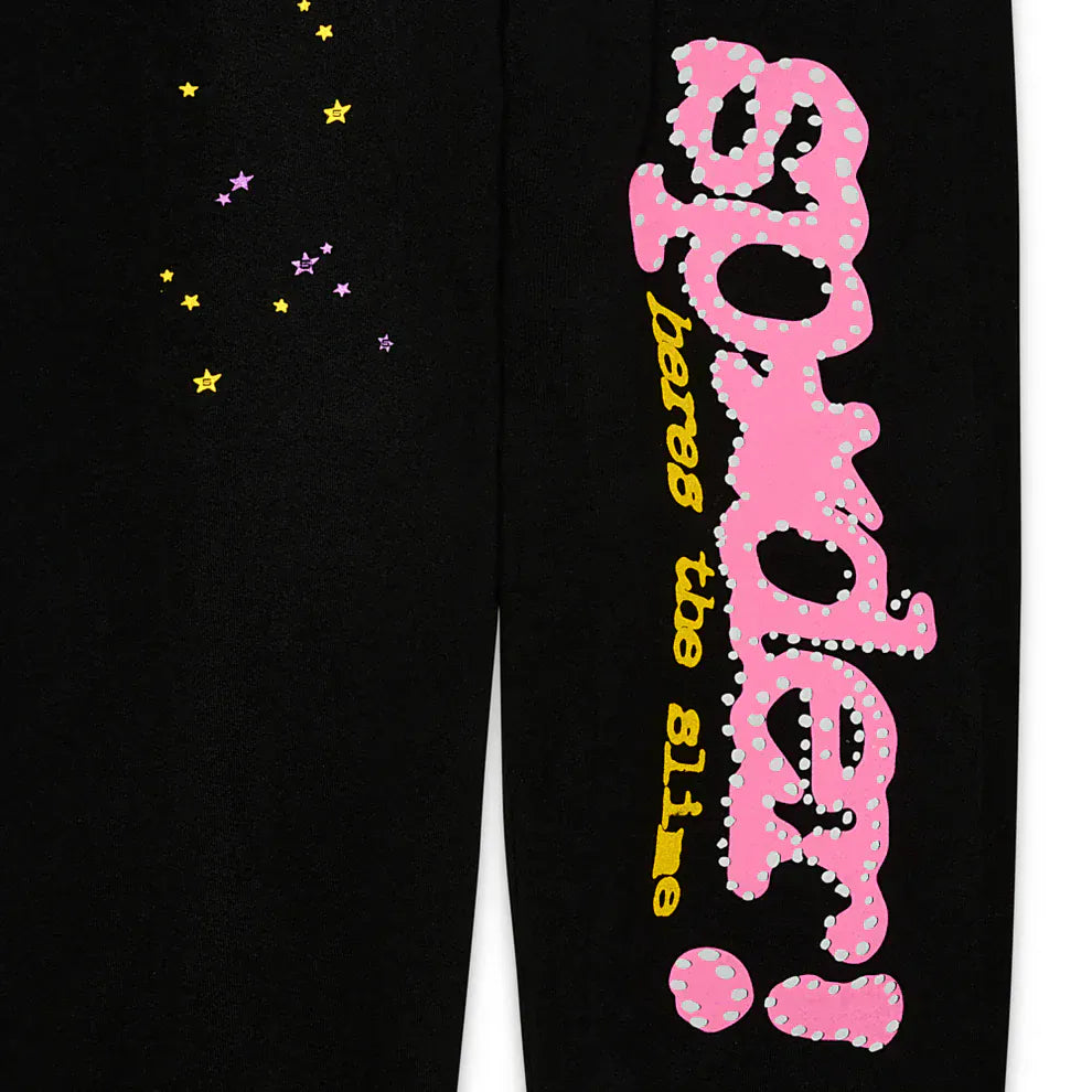 Sp5der Sweatpants – Unisex Black Cotton Sweatpants with Pink Graphic Logo and Star Print