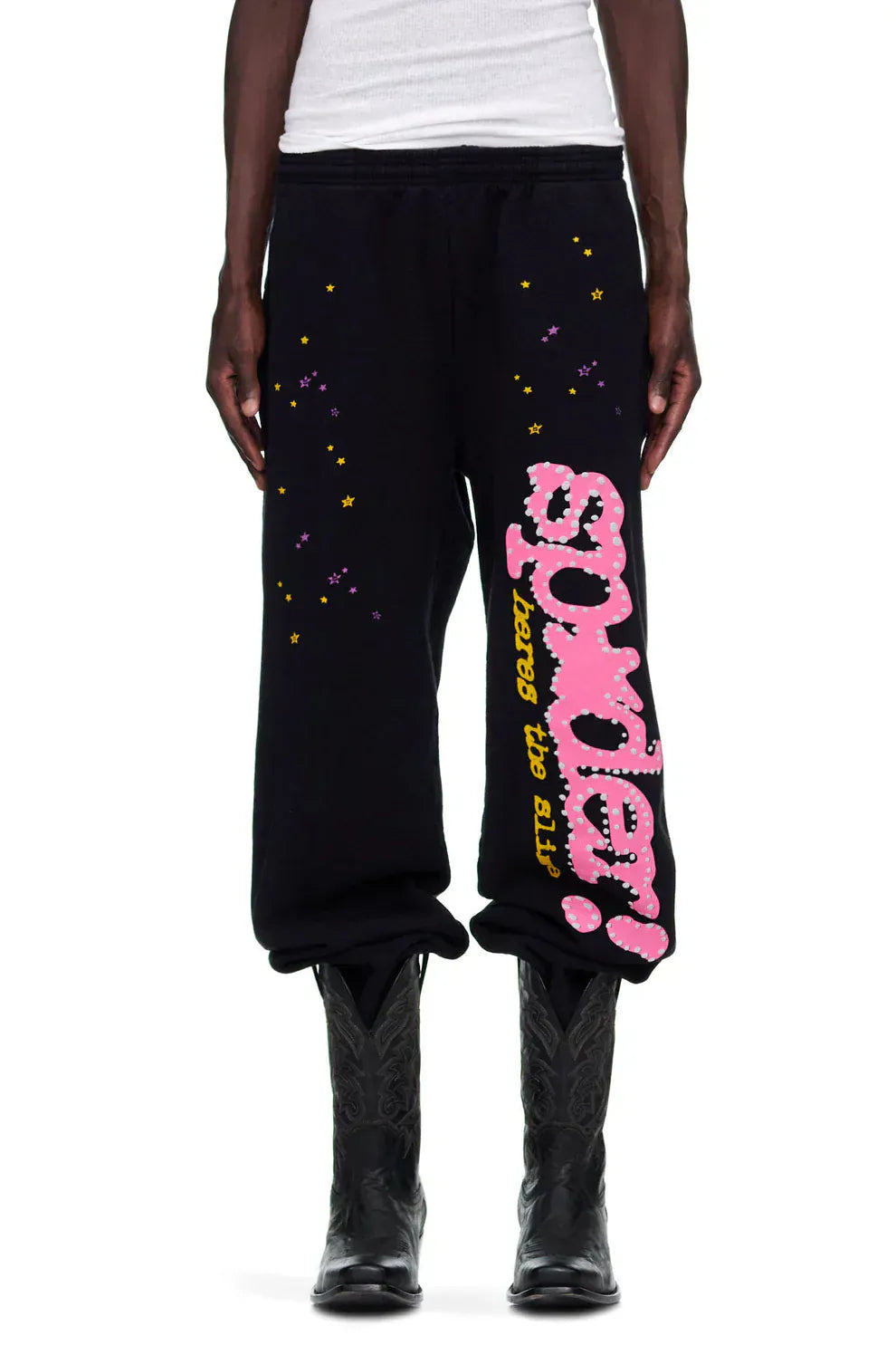 Sp5der Sweatpants – Unisex Black Cotton Sweatpants with Pink Graphic Logo and Star Print