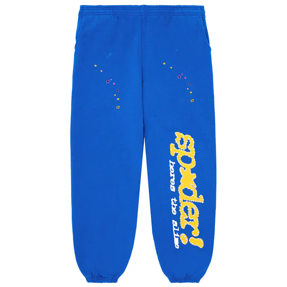 Sp5der Sweatpants – Unisex Blue Cotton Sweatpants with Yellow Side Logo and Star Print