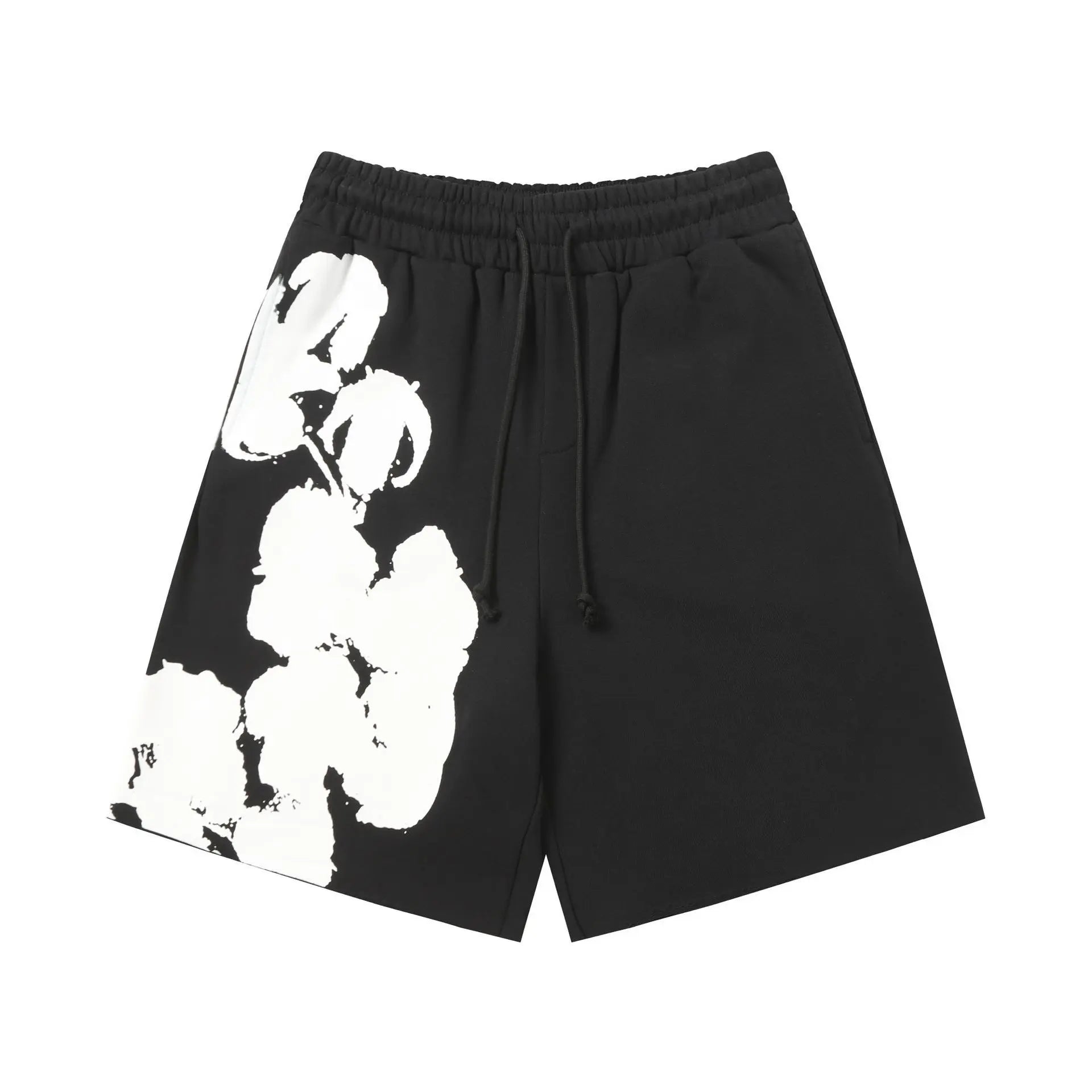 Black cotton drawstring shorts with large white cotton plant graphic on the left leg panel