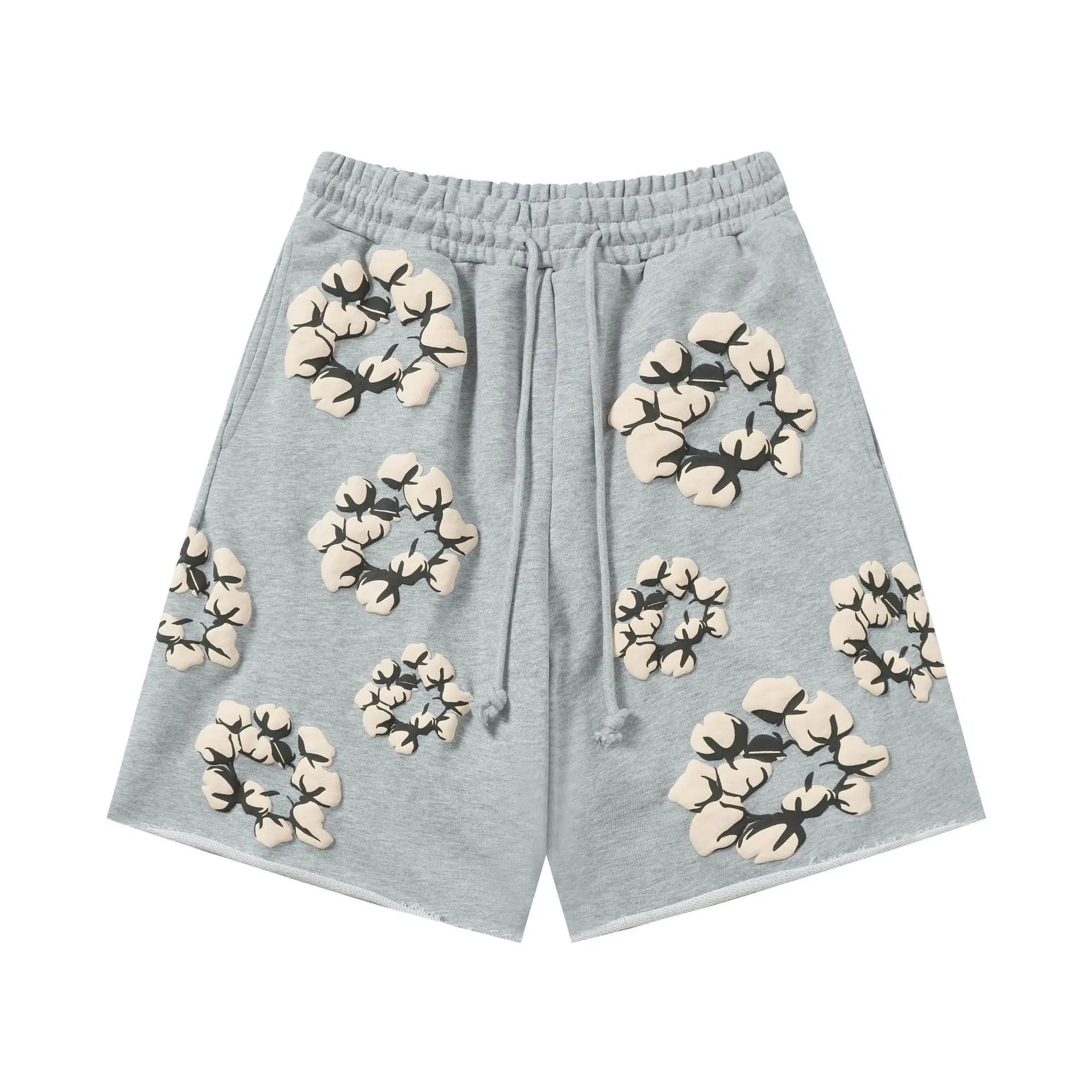 Light grey cotton jogger shorts with allover cotton wreath graphic print and drawstring waistband