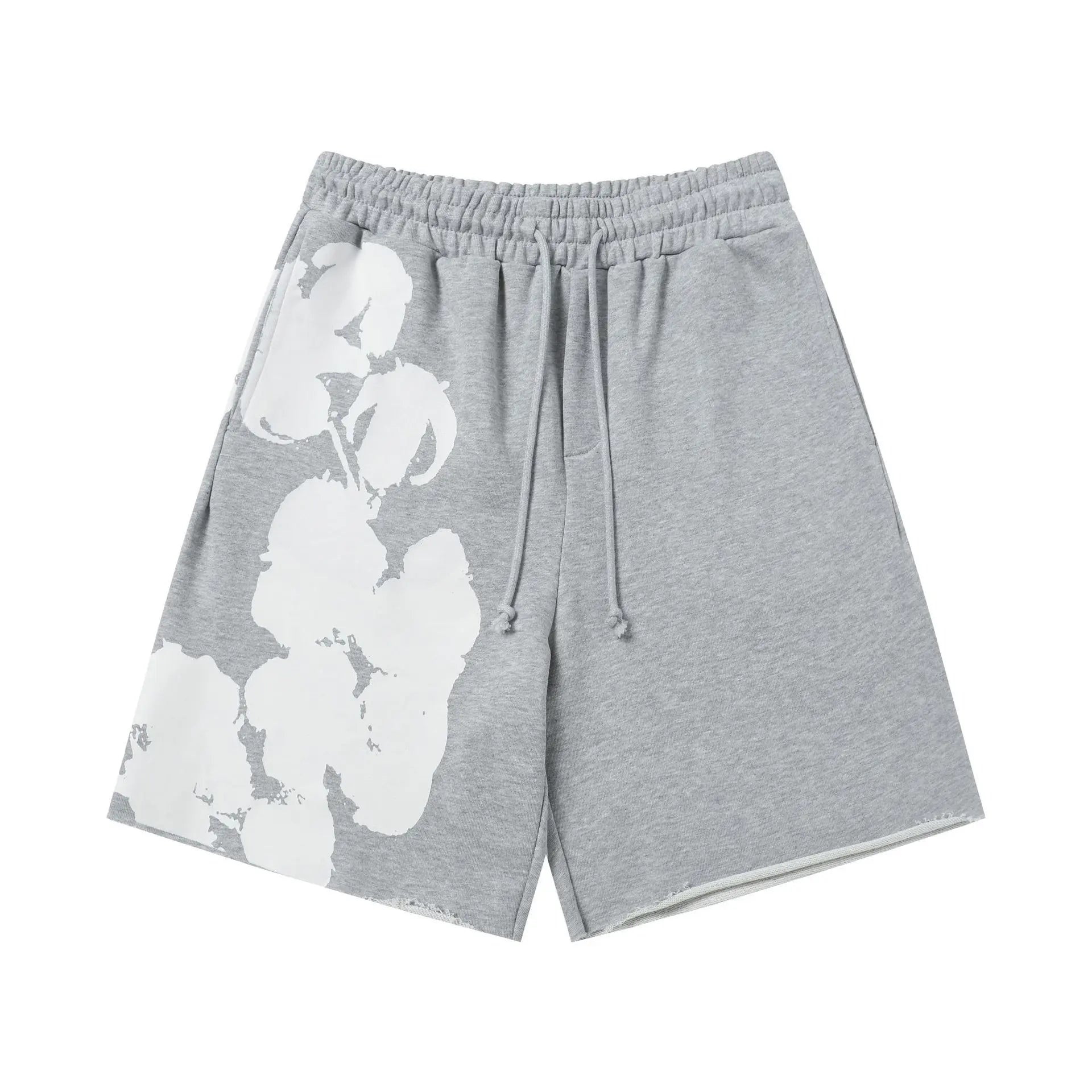 Denim Tears light grey cotton jogger shorts with white cotton flower print on left leg panel and drawstring waist