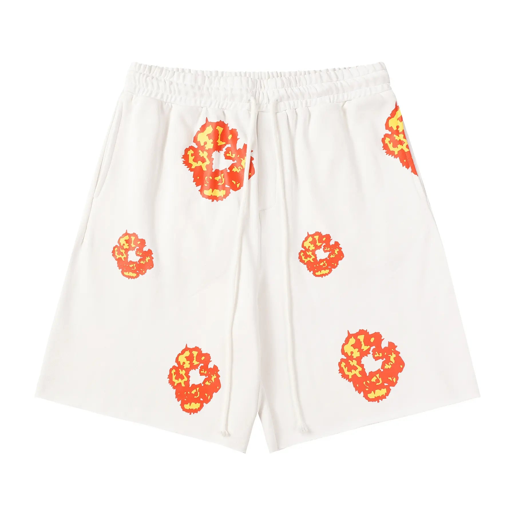 Denim Tears white cotton jogger shorts with all-over red and yellow floral wreath print and drawstring waist