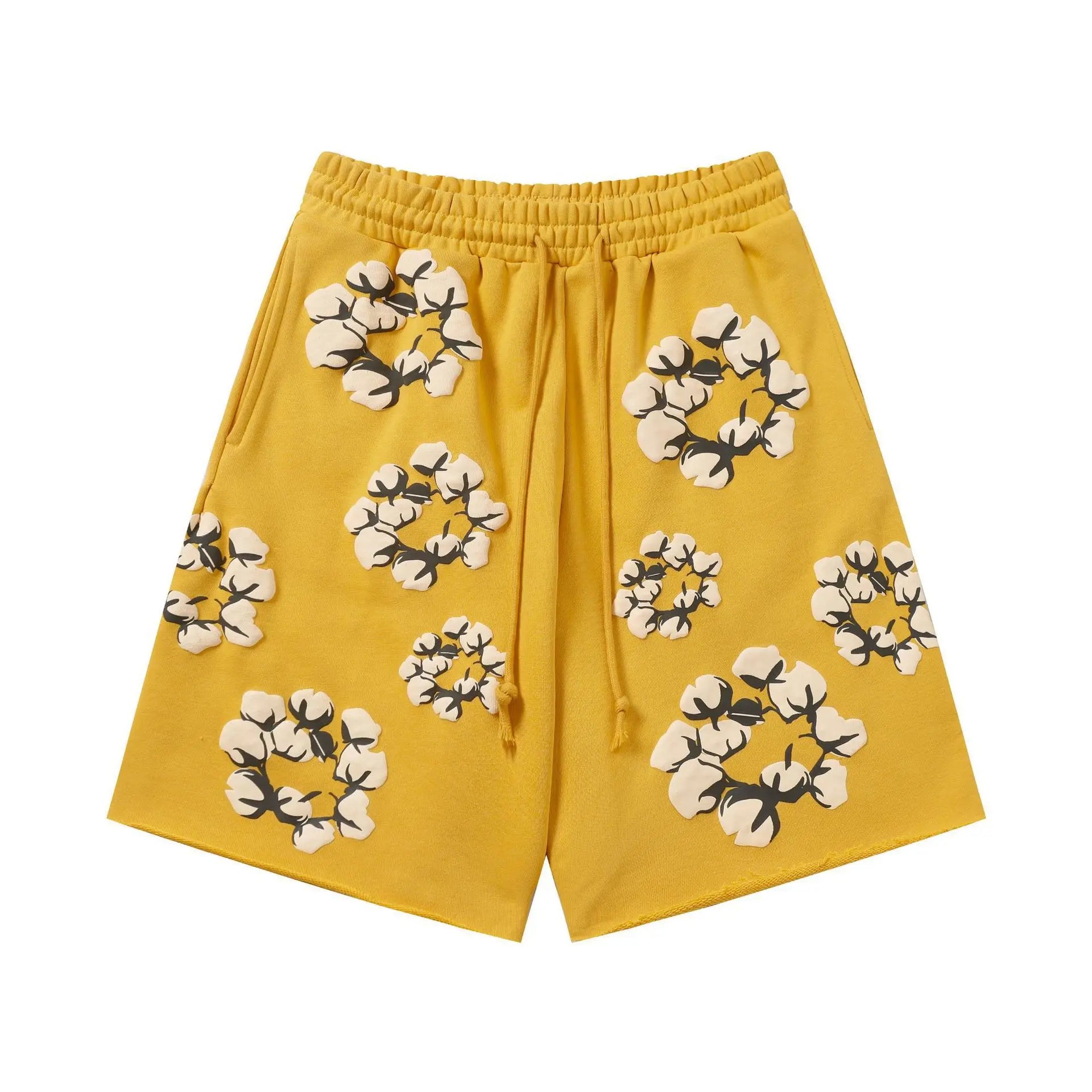 Yellow cotton jogger shorts with allover cotton boll wreath floral print and drawstring waistband
