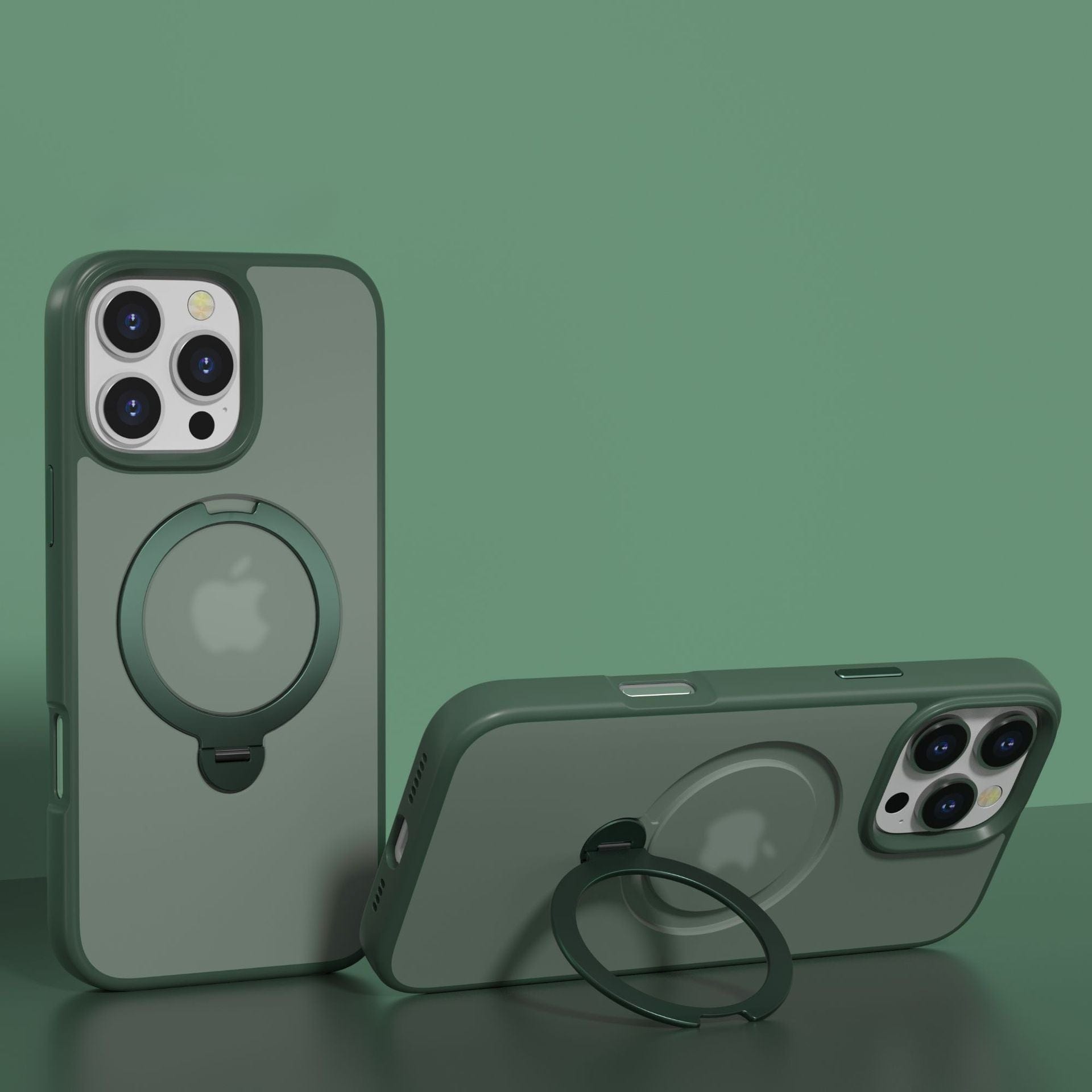 Two green MagSafe-Compatible iPhone 16 Pro Max cases, one upright and one lying flat, feature circular grips and camera cutouts, along with a 360° rotating stand for versatile use.