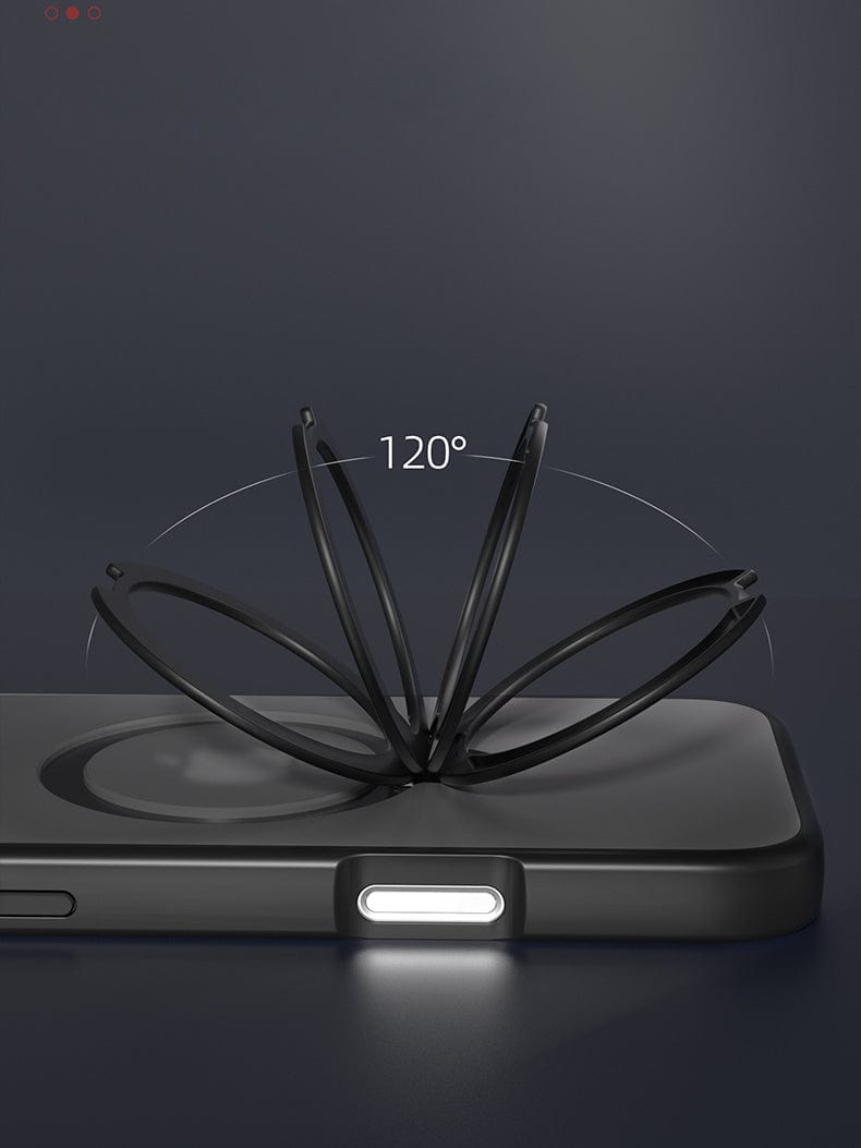 A MagSafe-Compatible iPhone 16 Pro Max Case with a 360° rotating stand that collapses and extends at a 120-degree angle, offering seamless connectivity and featuring a slim fit design, shockproof protection, soft-touch finish, and N52 magnetic absorption.