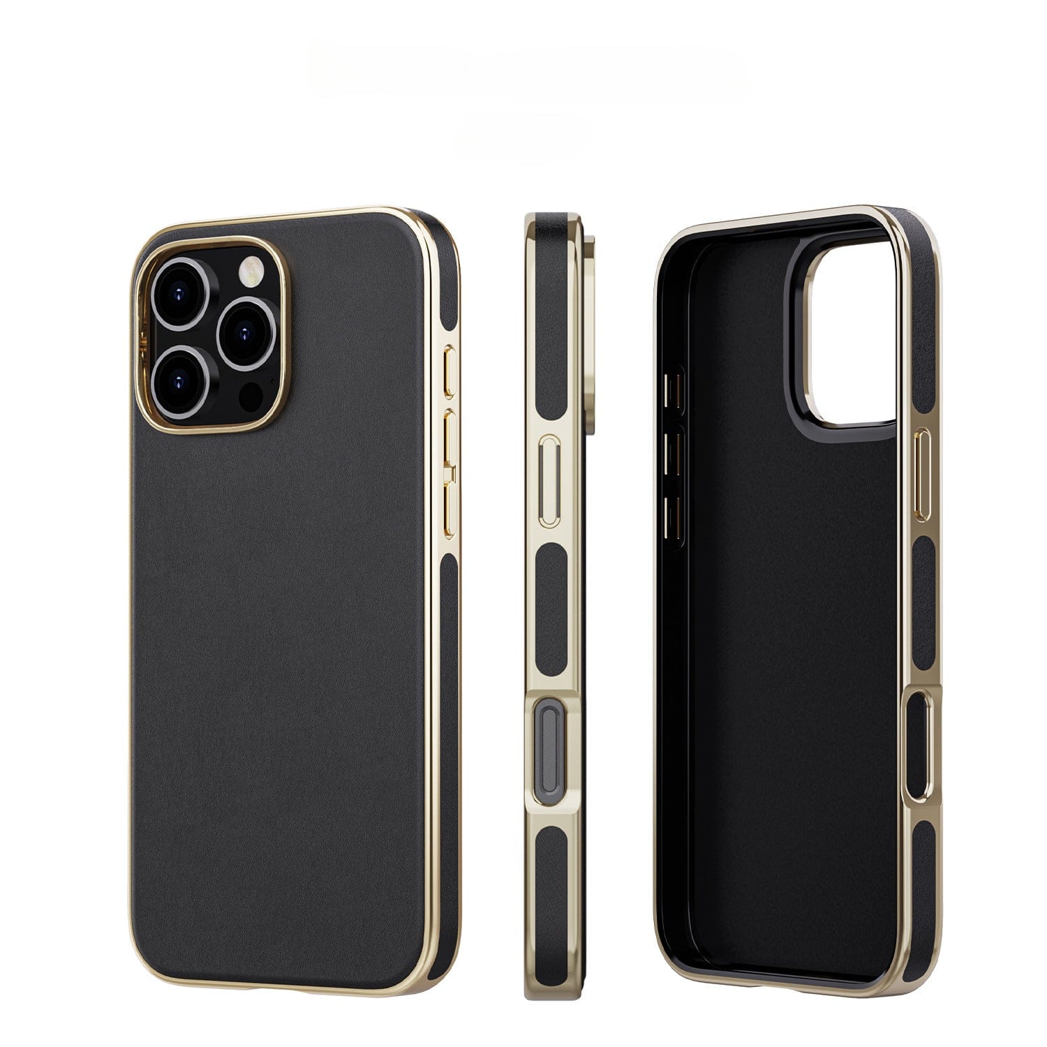 The iPhone 16 Pro Max MagSafe Case | Luxury PU Leather Electroplated Bumper Cover, in an elegant black and gold design, is displayed from the back, side, and with the phone removed. The images highlight the precise camera cutouts and button placements.