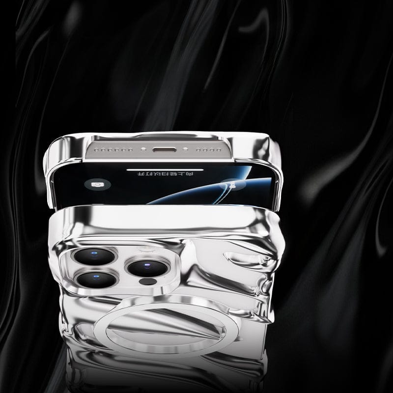 The iPhone 16 Pro Max Liquid Metal Shockproof Case, featuring a sleek abstract design that highlights the smartphone's visible lenses and screen against a swirling black background, provides raised camera protection along with seamless MagSafe charging compatibility, ensuring military-grade drop protection with N52 magnets.