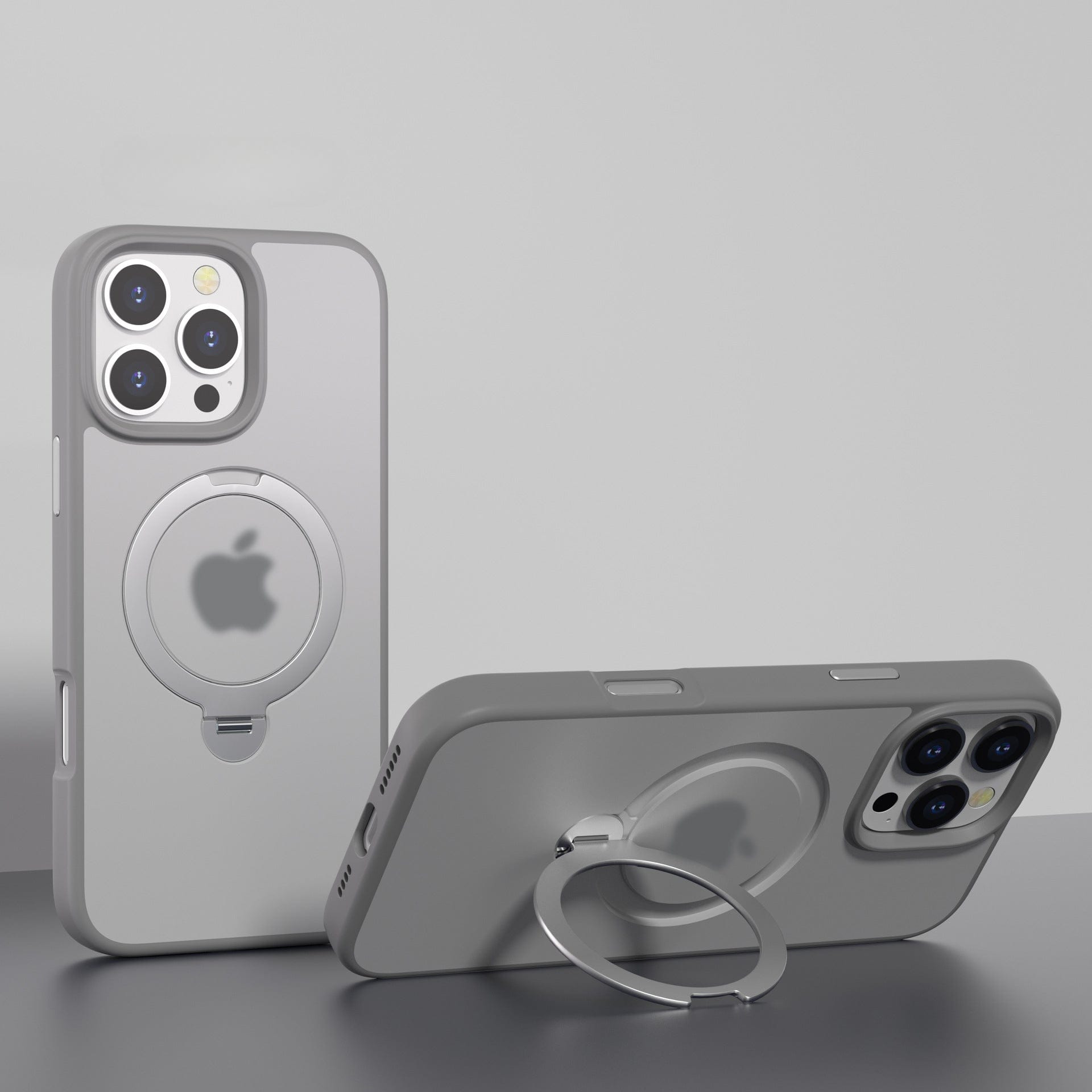 Two smartphones with gray cases featuring MagSafe compatibility and circular stands are displayed. The iPhone 16 Pro Max case, which includes a 360° rotating stand, is upright while the other phone lies flat.