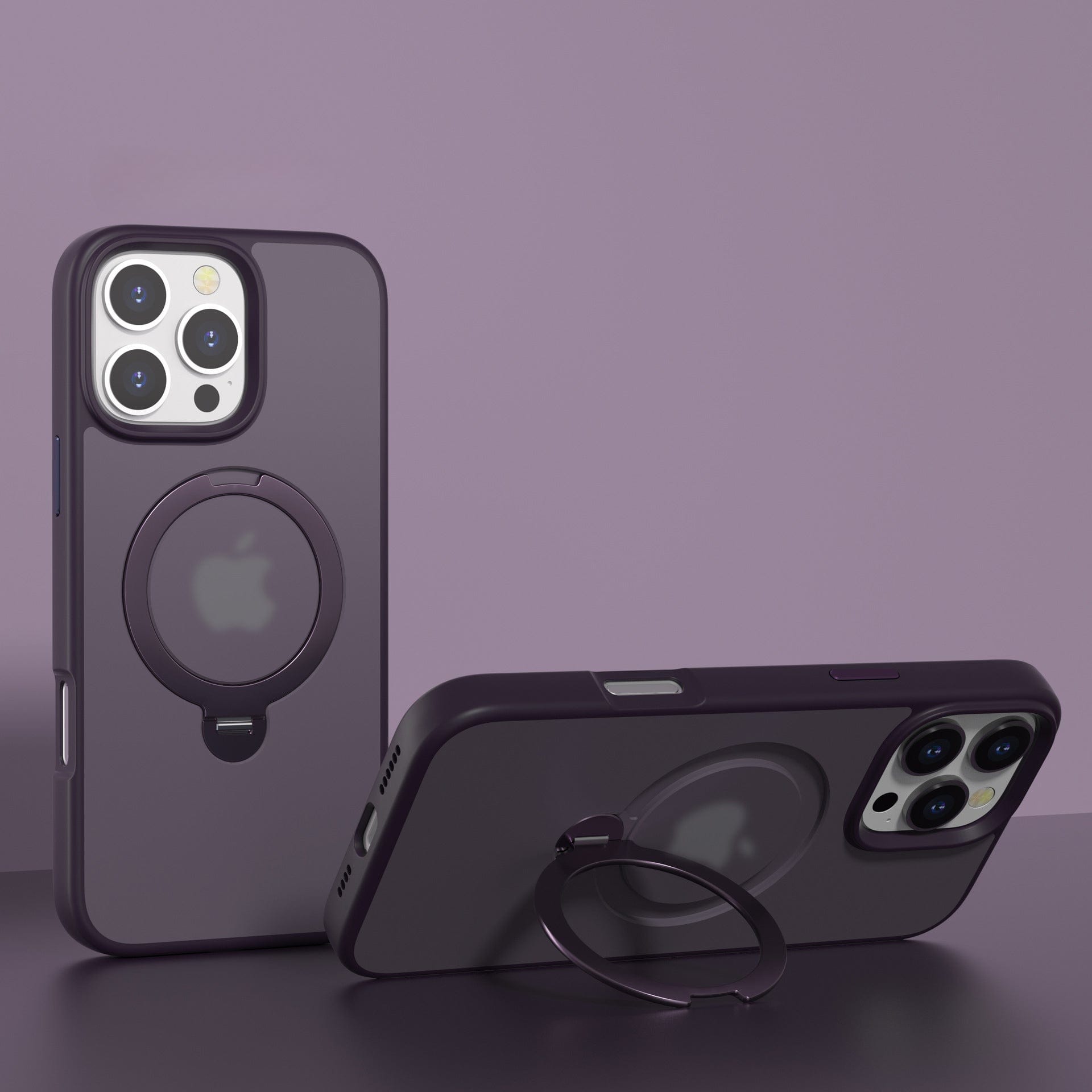 Two MagSafe-compatible iPhone 16 Pro Max cases with 360° rotating stands, one standing upright and one laying flat, against a matching purple background, showcase seamless connectivity and feature a slim fit with a shockproof, soft-touch finish.