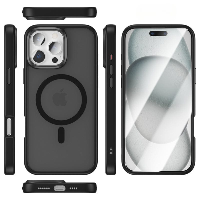 A black iPhone 16 Pro Max MagSafe Case by Golden Shield, known for its anti-fingerprint and shockproof protection, is showcased from multiple angles including the front, back, and sides. The case features an aluminum alloy camera frame for added protection. The iPhone inside displays a light abstract design on the screen.