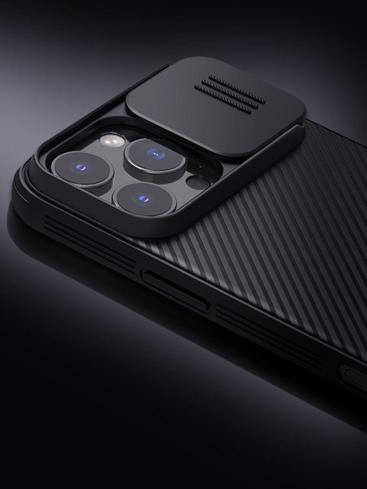Close-up of the iPhone 16 Pro Max Camera Slider Case with a triple camera setup and a sliding cover, set against a dark background. The case features Dual-Layer Protection with a textured back and angular edges, offering anti-scratch, shockproof, and slim fit protection.