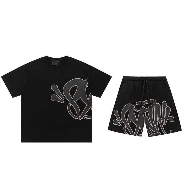 Syna World T-Shirt and Shorts Set with Accessories—available in 8 colors—features bold matching white graffiti-style text for a standout streetwear look from Syna World clothing.
