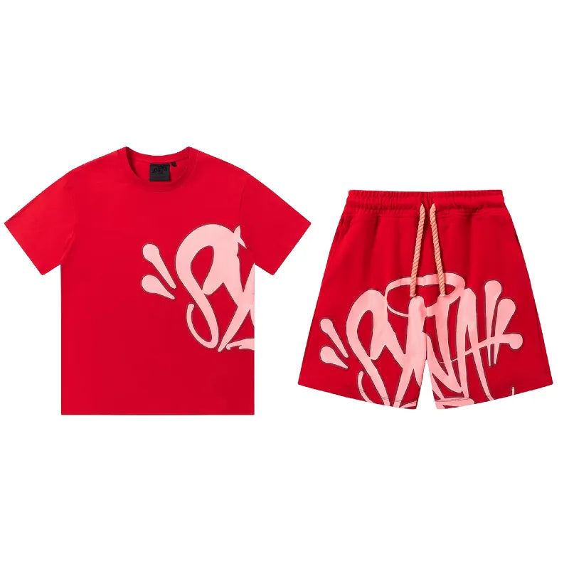 The Syna World T-Shirt and Shorts Set with Accessories comes in 8 colors and features bold, white graffiti-style lettering, making it a standout streetwear outfit for those looking to make a statement.