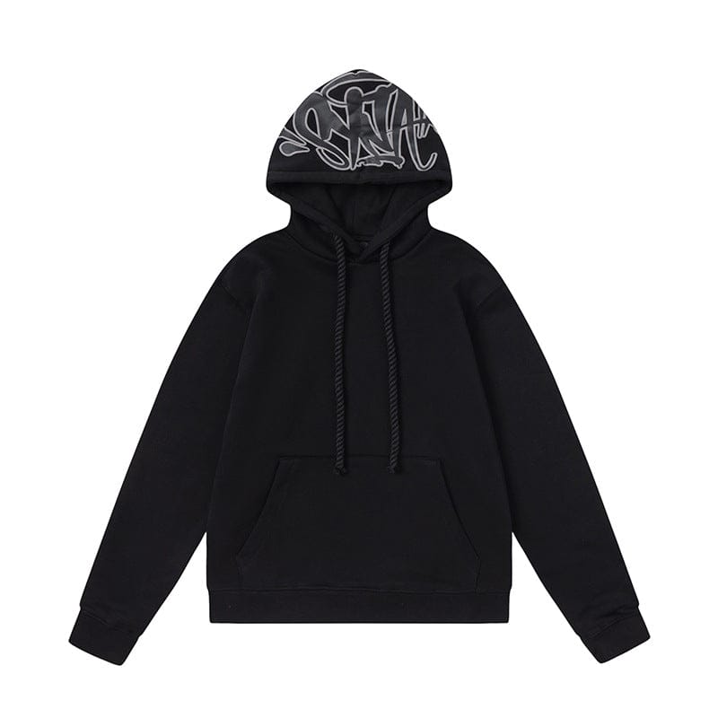 Syna World Graphic Hoodie – Pullover Streetwear Hoodie in 6 colors, featuring bold white graffiti-style writing on the hood, front pocket, and drawstrings—a striking piece inspired by the signature Syna World look.