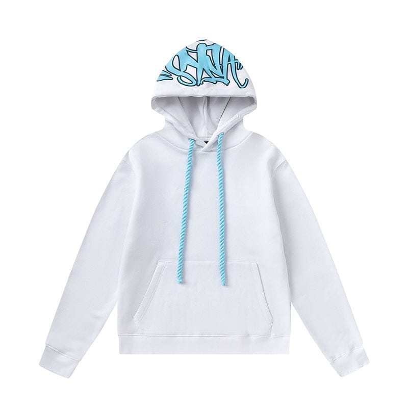 Add bold style to any look with the Syna World Graphic Hoodie—this streetwear pullover features blue drawstrings, blue graffiti text inside the hood, a front pocket, and comes in 6 colors.