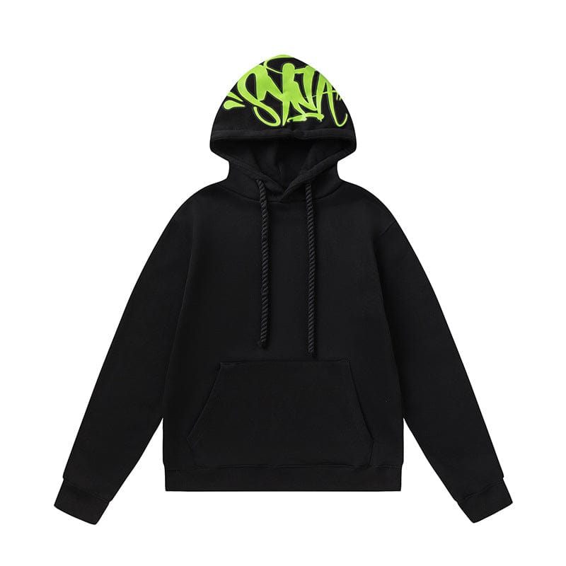 The Syna World Graphic Hoodie – Black Pullover features a front pocket, black drawstrings, and a neon green graffiti-print hood lining, blending standout streetwear flair with signature Syna World style. Available in 4 colorways.