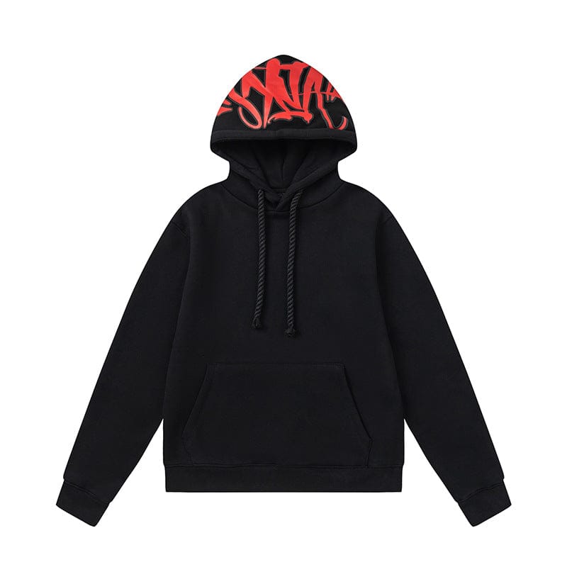 The Syna World Graphic Hoodie is a black pullover with a front pocket, drawstring hood, and red graffiti-style inner hood—available in 4 colorways, it's a must-have streetwear piece.
