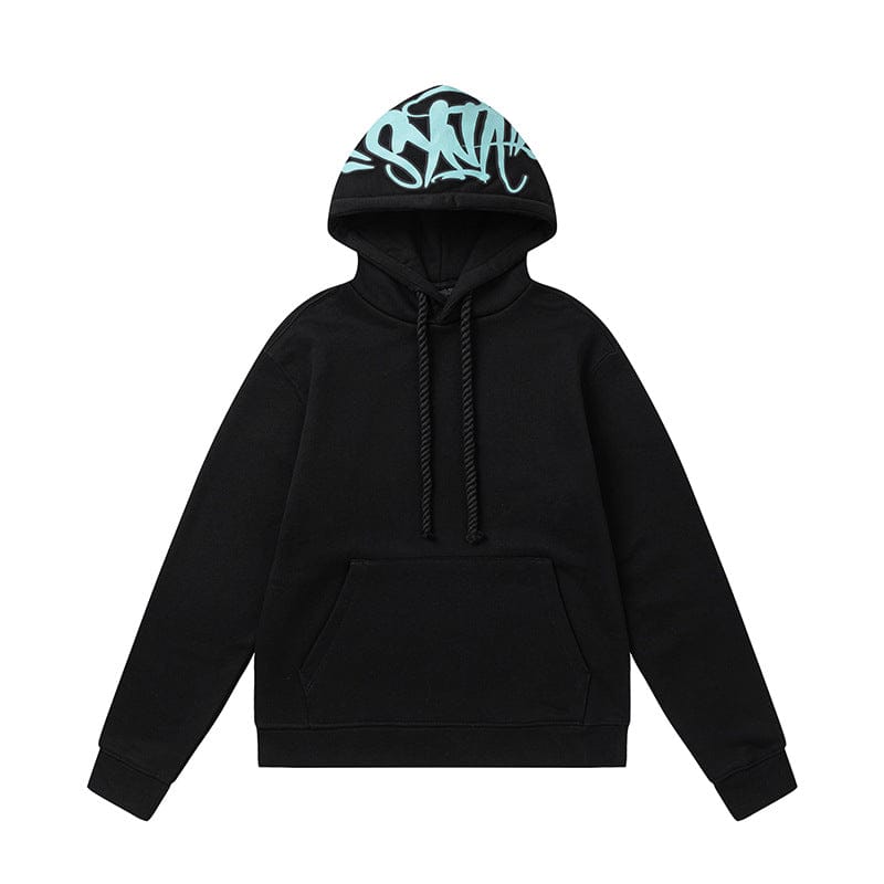 The Syna World Graphic Hoodie is a bold black pullover with a front pocket, drawstrings, and light blue graffiti text inside the hood—available in 4 colorways for standout streetwear style.