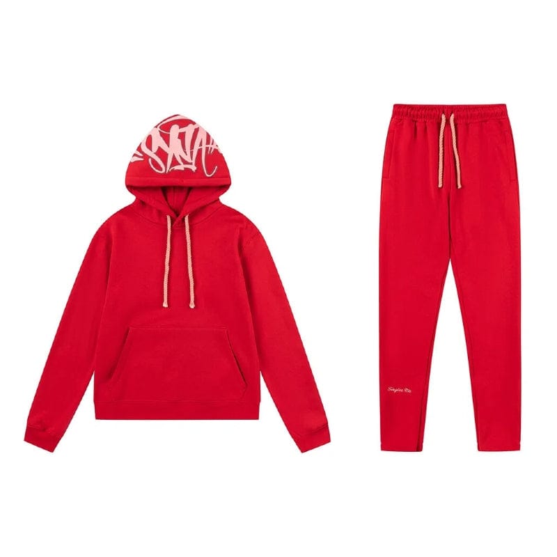The Syna World Tracksuit Set features a red graphic hoodie with white drawstrings and logo text, paired with matching red flared pants—displayed on a white background.
