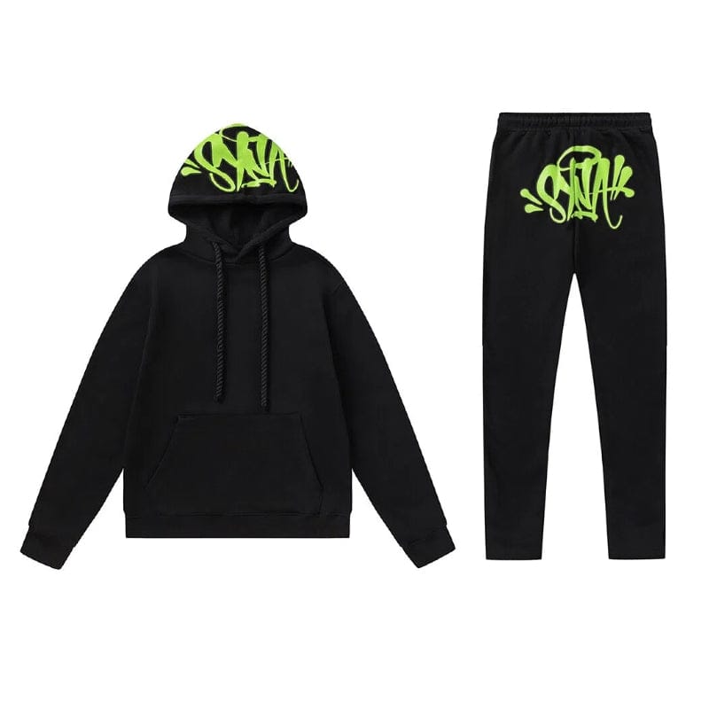 Syna World Graphic Hoodie and Flared Pants Tracksuit Set with Accessories in 4 colors, featuring bold graffiti-style accents—an eye-catching choice for streetwear enthusiasts, shown on a white background.