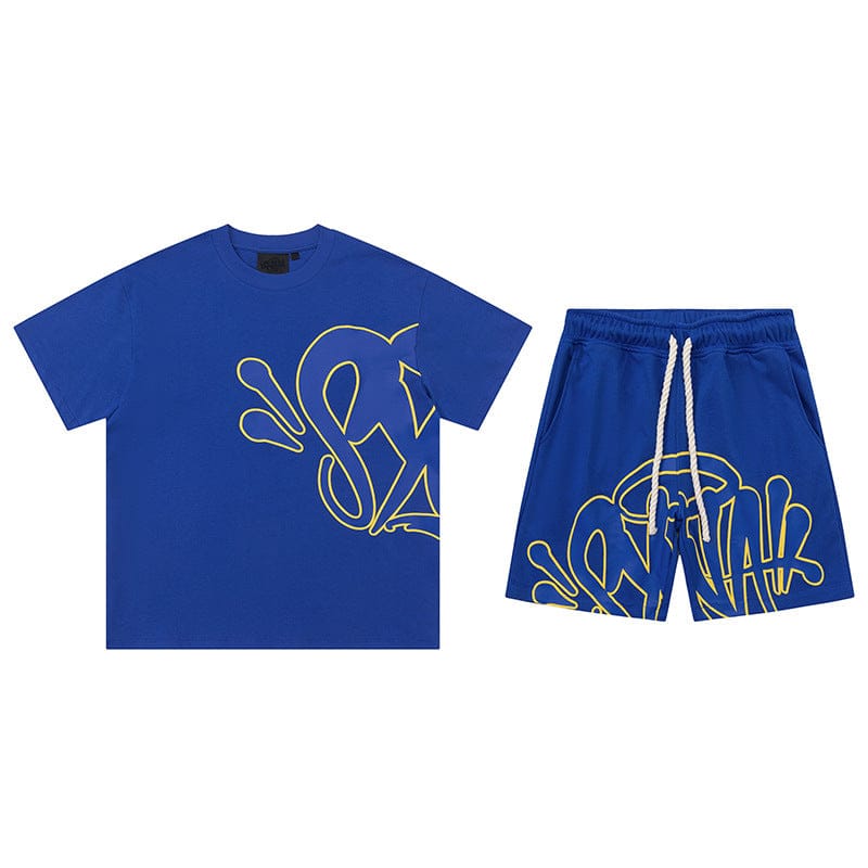 The Syna World T-Shirt and Shorts Set with Accessories comes in 8 colors, featuring matching yellow abstract graphics and a white drawstring—ideal for standout streetwear style.