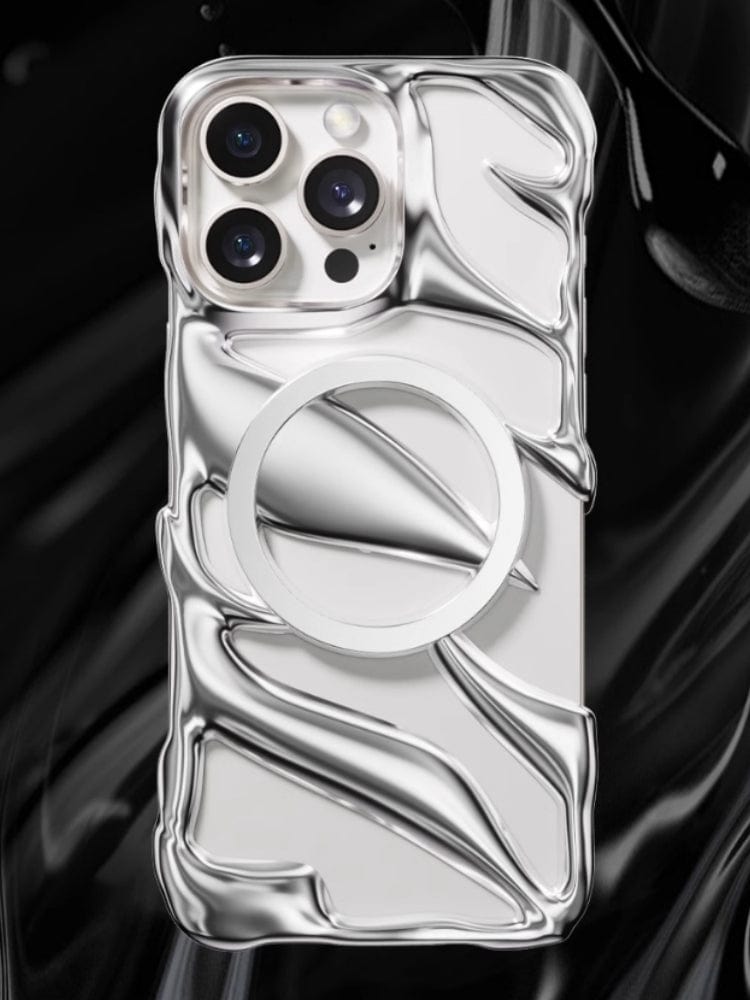 The iPhone 16 Pro Max is protected by a Liquid Metal Shockproof Case in silver, featuring a wavy texture and a raised camera ring on the back for enhanced protection.
