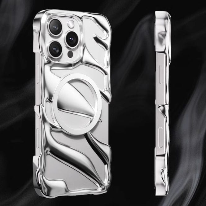 Displayed against a dark background, the iPhone 16 Pro Max Liquid Metal Shockproof Case showcases its shiny, sculptural design with a textured pattern from both the back and side. It highlights military-grade drop protection for enhanced durability.