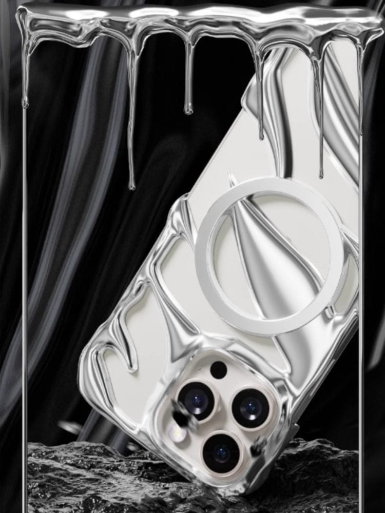 The iPhone 16 Pro Max Liquid Metal Shockproof Case features a vertical circular ring design with dripping silver liquid set against a dark background. This case provides military-grade drop protection and is compatible with MagSafe charging, thanks to its N52 magnets and raised camera protection.