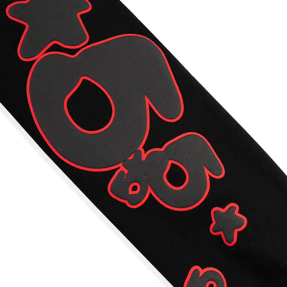 The Sp5der 440GSM Heavyweight Star Hoodie – Black & Grey is an oversized streetwear pullover with bold, abstract numbers and asterisks in bubble style outlined in red—perfect for making a bold statement.