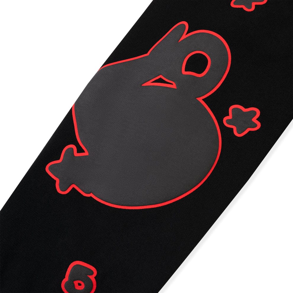 The Sp5der 440GSM Heavyweight Star Hoodie is a black and grey oversized streetwear pullover featuring a large gray cartoon bunny outline with red borders plus red and gray star accents.