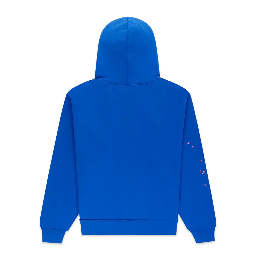 The Sp5der “555” Hoodie – Royal Blue 440GSM Heavyweight Spider Web Streetwear Pullover, shown from the back, features small pink star accents on the right sleeve for a subtle style detail.