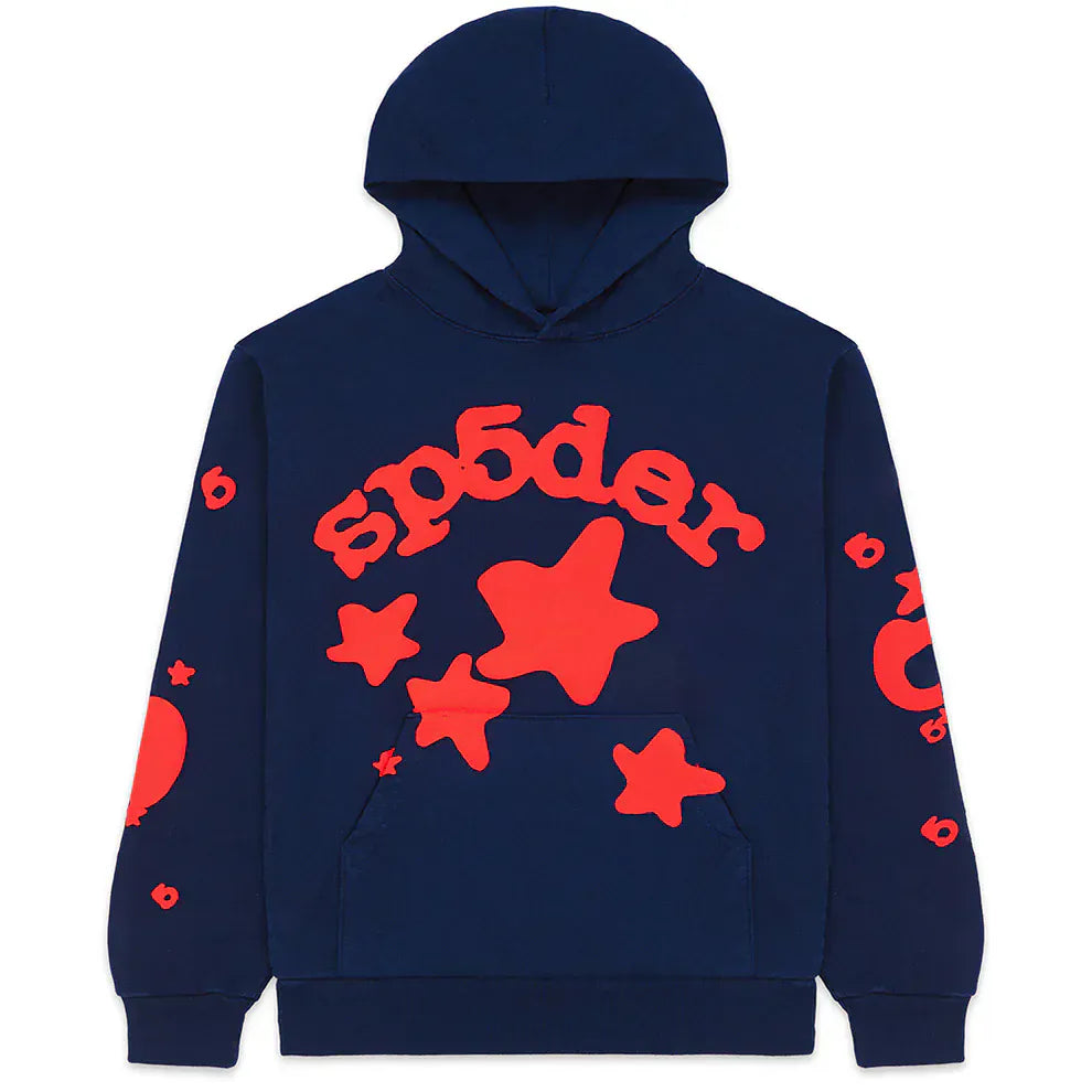 Sp5der 440GSM Heavyweight Hoodie – Navy Blue with Red Star Puff Print Streetwear Pullover