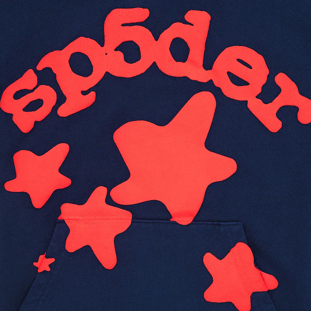 The Sp5der 440GSM Heavyweight Hoodie features navy blue fabric with bold red star puff prints and stylized “sp5der” lettering—a standout streetwear pullover perfect for Y2K fashion fans.