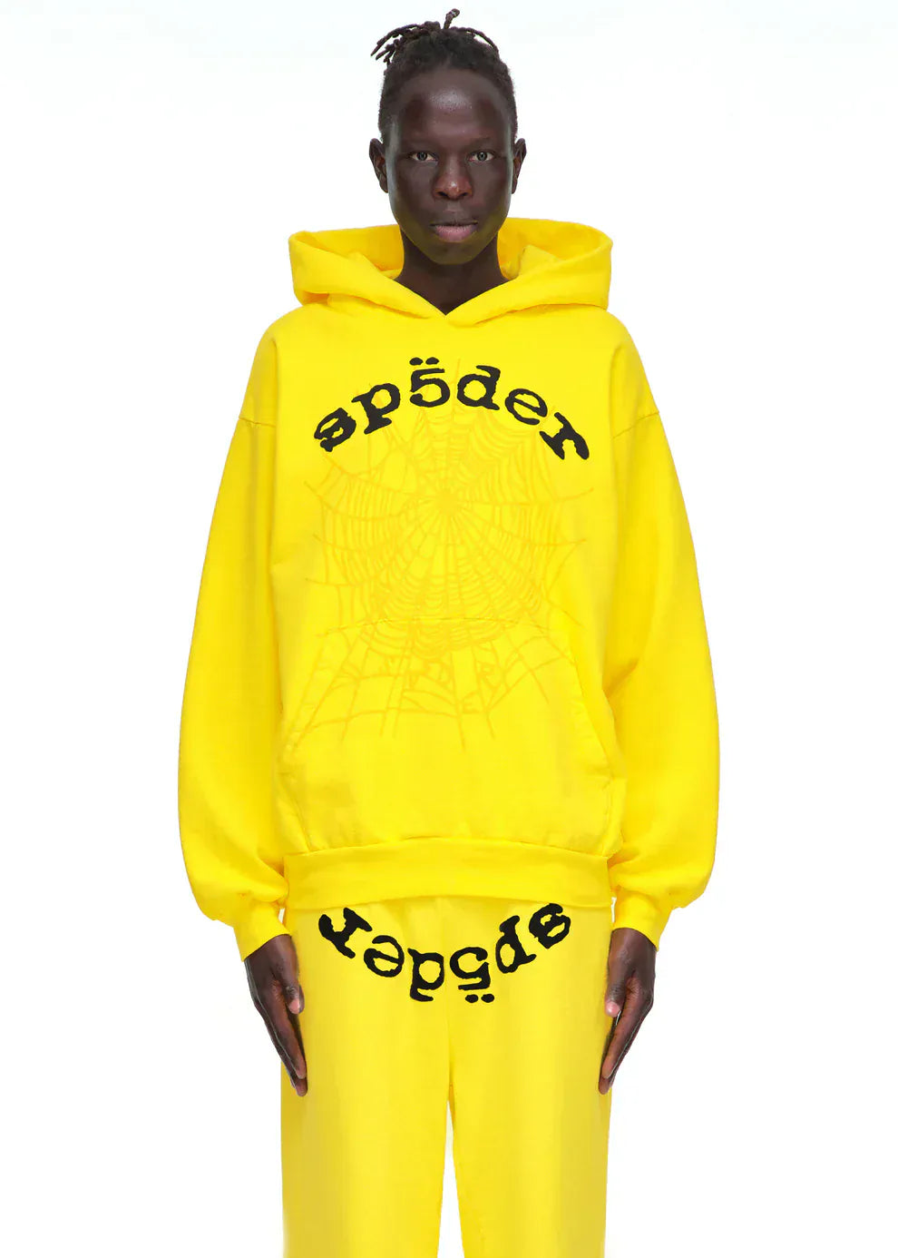Yellow Graphic Hoodie with Spider Web Print and Lettering – Comfort Fit Pullover Hoodie