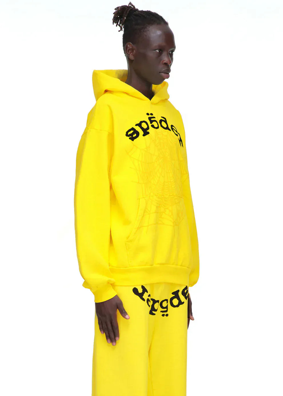 Yellow Graphic Hoodie with Spider Web Print and Lettering – Comfort Fit Pullover Hoodie