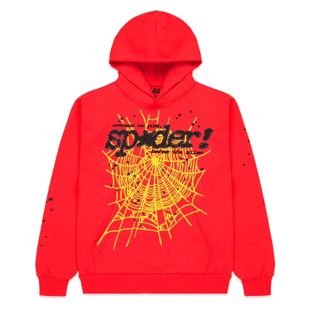 Red Graphic Hoodie with Spider Web Print and Star Details – Comfort Fit Pullover Hoodie
