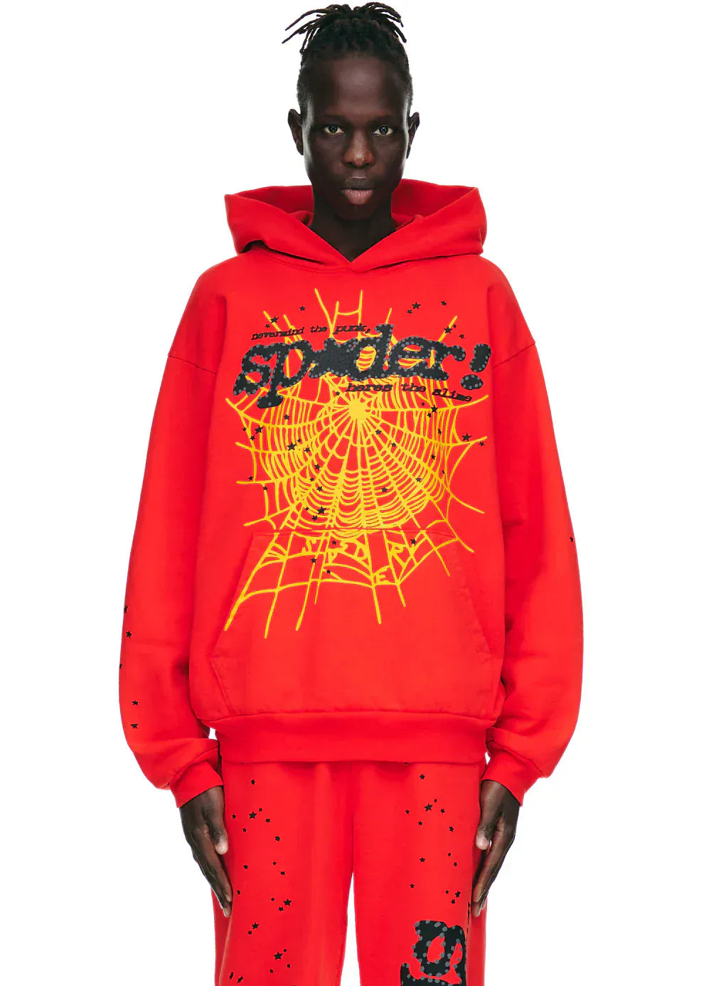 Red Graphic Hoodie with Spider Web Print and Star Details – Comfort Fit Pullover Hoodie