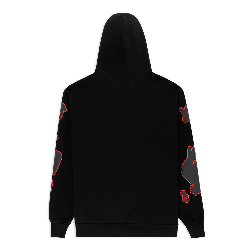 The Sp5der 440GSM Heavyweight Star Hoodie – Black & Grey is an oversized streetwear pullover, shown from the back in heavyweight fleece, featuring red line art of cartoon faces and shapes on both sleeves for a bold look.