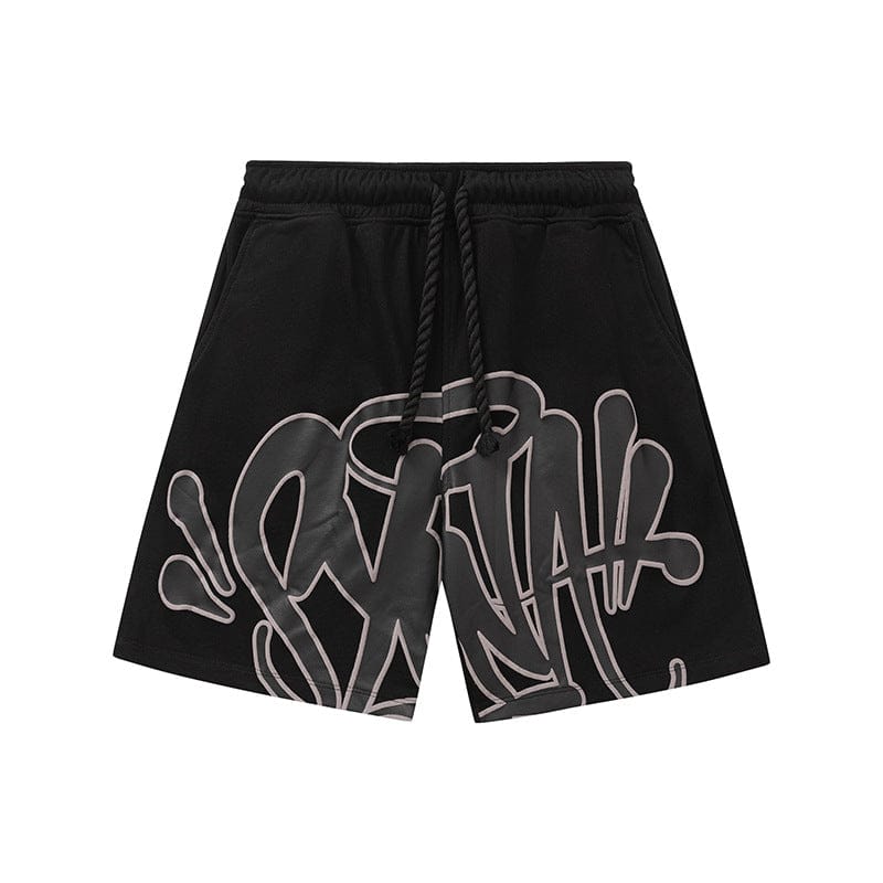 The Syna World Graphic Shorts are streetwear drawstring shorts with an elastic waistband and a bold abstract white graffiti-style design on the front, available in 8 colors for standout style.