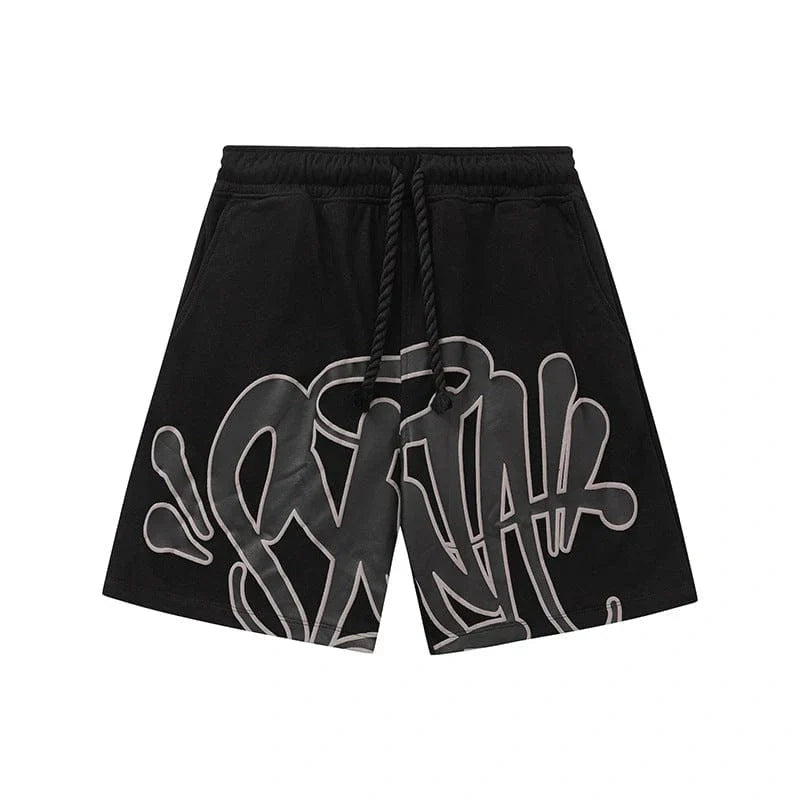 The Syna World Black Graffiti Graphic Print Sweat Shorts feature an elastic waistband, drawstring, and bold white graffiti graphics for a standout streetwear look.