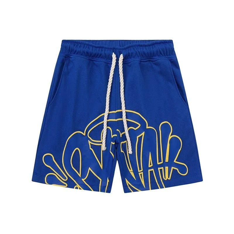 Syna World Blue Graffiti Logo Sweat Shorts Streetwear feature a white rope drawstring and bold yellow graffiti design on the front―ideal for adding standout urban style to any outfit.
