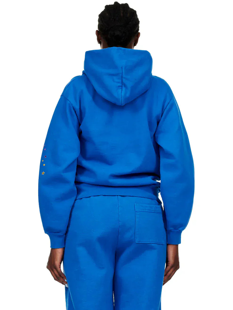 Person wearing a Sp5der “Hares the Slime” Hoodie (440GSM) in royal blue with a fuzzy logo spider-web graphic, paired with matching sweatpants, shown from the back against a plain white background.