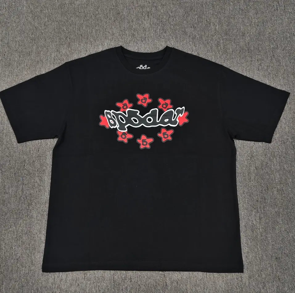 Sp5der black short sleeve t-shirt with red star cluster and graffiti logo graphic on the chest